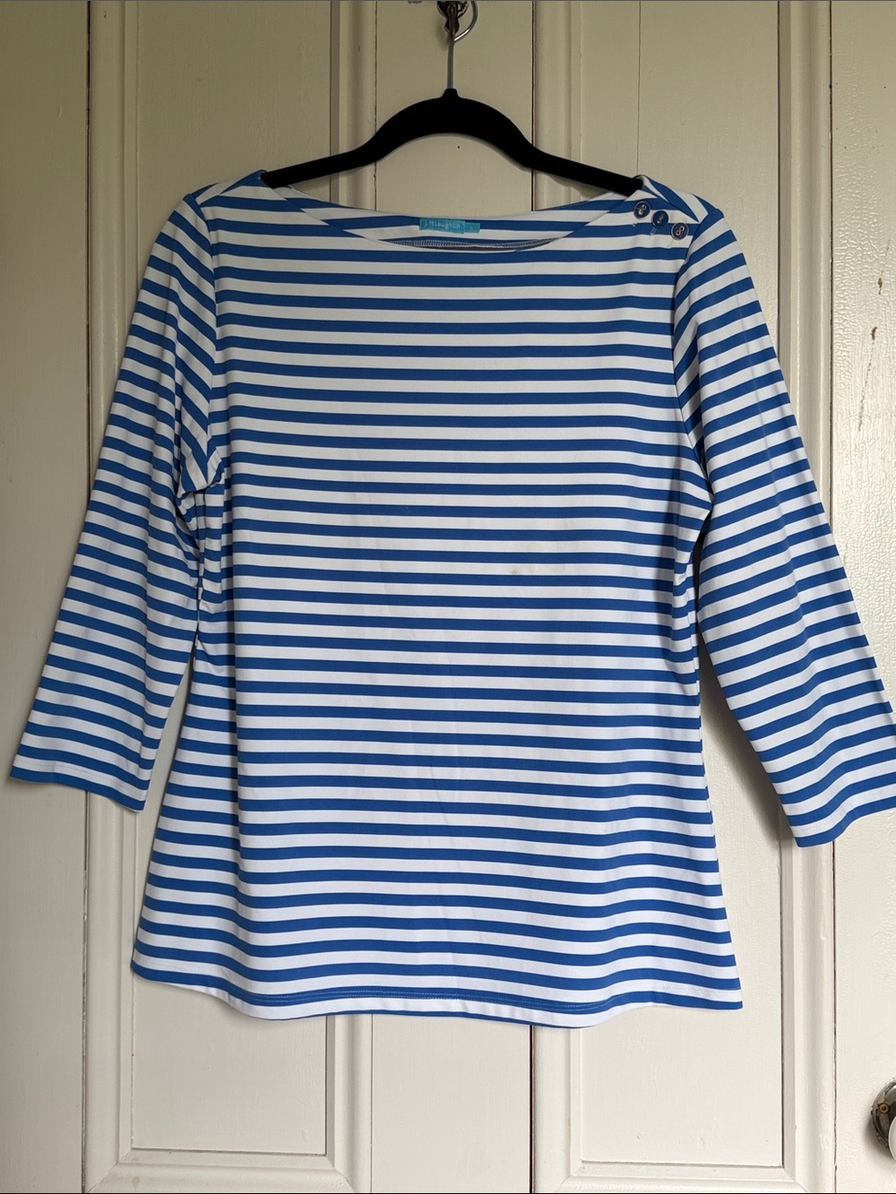 J. McLaughlin Blue & White Striped Boatneck Top with Shoulder Buttons